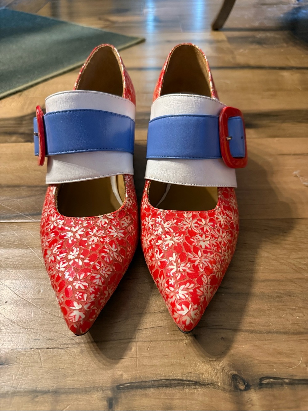 John Fluevog Red Floral Pointed Mary Jane Flats with Blue Strap